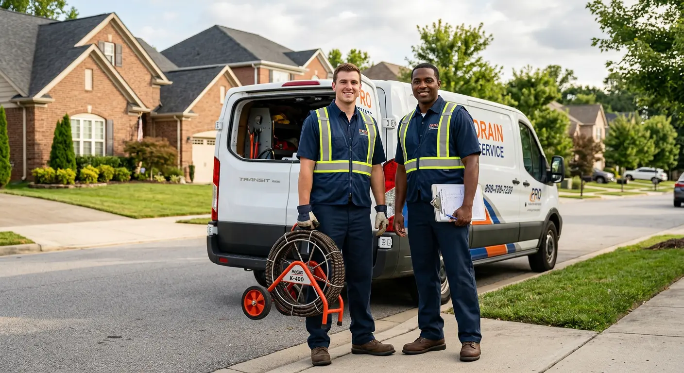Sewer and drain service team with equipment ready for work in Corcoran