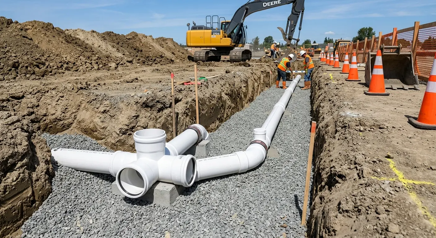 New PVC sewer pipe installation in open trench for Sewer Camera Inspection in Corcoran