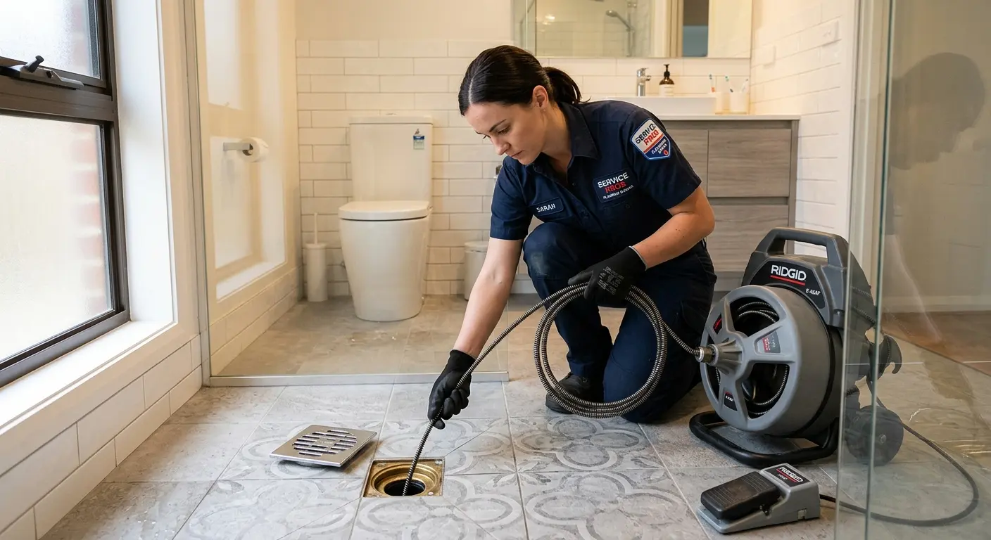 Technician clearing a bathroom floor drain for Sewer Line Replacement in Corcoran